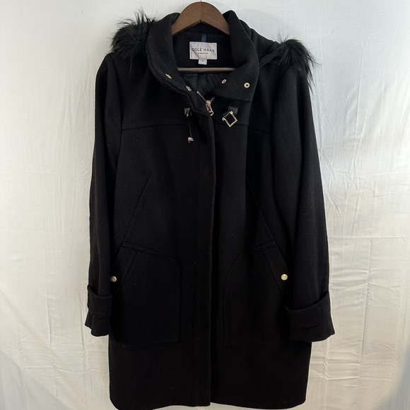 Cole Haan Jackets & Blazers - Cole Haan Signature Womens 1X Black Wool Blend Faux Fur Hooded Toggle Coat